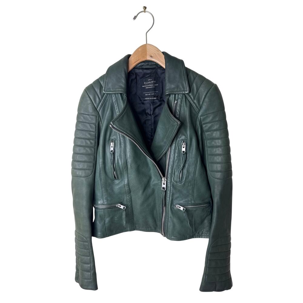 ALL SAINTS Forest Green Biker Jacket 100% Leather Size 4